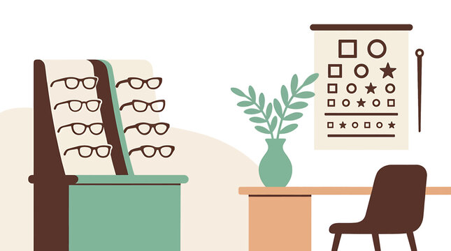 Modern optometry clinic interior with eyeglasses display and eye examination chart.