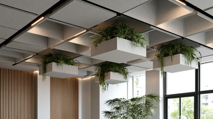 Naklejka premium Modern office ceiling design with suspended planter boxes, geometric panels, natural light, and green plants for fresh, inviting atmosphere
