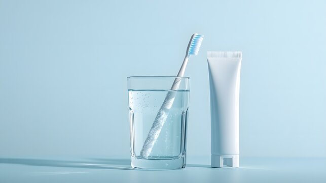 A toothbrush and toothpaste tube beside a glass of water on a blue background.