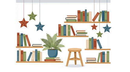 Modern home library with wooden bookshelves colorful books green plant and hanging stars illustration. © Maher