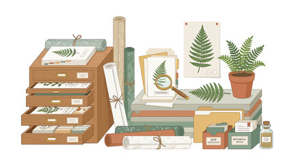Vintage botanical collection with wooden specimen drawers fern leaves and scientific research tools. © Makdum