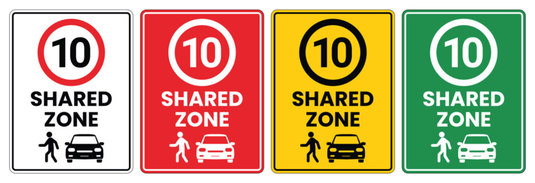 10 km/h Shared Zone Sign. Shared Road Speed Limit Traffic Safety Label, Pedestrian Priority Street Warning, Vector Illustration