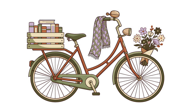 Vintage style bicycle with wooden crate of books and flower basket illustration.