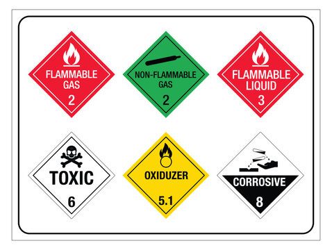 Hazardous Materials Classification Sign. Flammable Gas, Non-Flammable Gas, Flammable Liquid, Toxic, Oxidizer and Corrosive Hazchem Safety Label, Vector Illustration