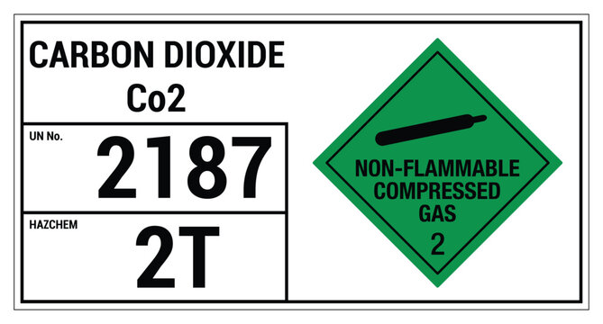 Carbon Dioxide UN 2187 Hazchem Sign. CO2 Non-Flammable Compressed Gas Hazard Warning Label, Dangerous Goods Safety Vector Illustration