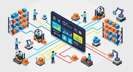 Naklejka premium Isometric Smart Warehouse Logistics and Supply Chain Management System.