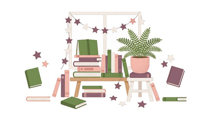 Cozy home library illustration with stacks of books potted fern plant and decorative star garland. © Egar