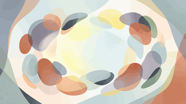 Abstract artistic composition of smooth colorful pebbles and organic shapes in soft pastel tones.