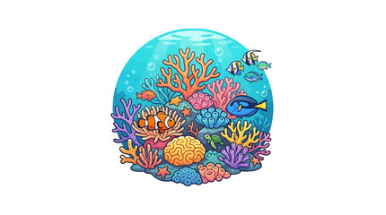 Vibrant Cartoon Illustration of a Tropical Coral Reef Ecosystem © Kiki