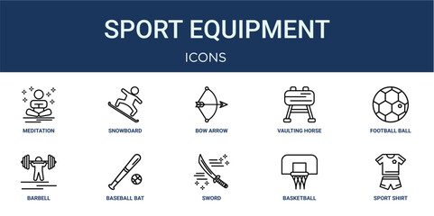 Set of 10 outline Sport Equipment icons for reports, landing pages and application screens. Editable stroke icon pack including meditation, snowboard, football ball, barbell and sport shirt. © Emilia