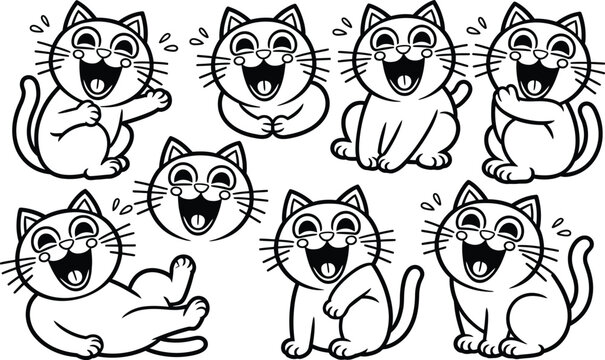 Set of cute happy cartoon cats laughing in various poses line art with laughing