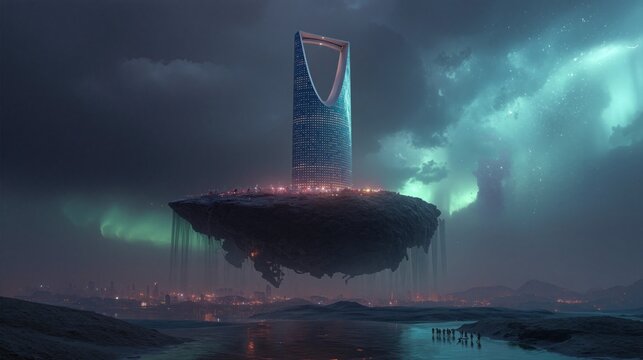 Futuristic Riyadh Kingdom Centre on Floating Island at Night, Saudi Vision 2030 Smart City Concept, Advanced Arabian Skyline and Sci Fi Digital Future