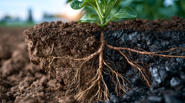 Before and after concept showing degraded agricultural soil beside a biochar-amended plot where root systems penetrate deeply into dark carbon-enriched earth at a research farm field station with so