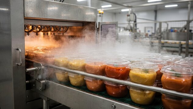 Medium shot of a tunnel pasteurizer applying steam heat to sealed sauce containers ensuring sterilization with a continuous flow system in a modern food processing plant.