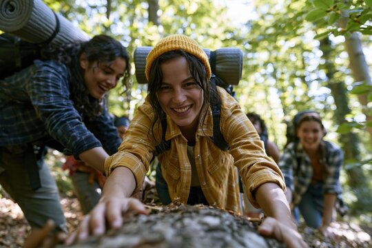 Young hikers helping each other climb over fallen tree on forest trail