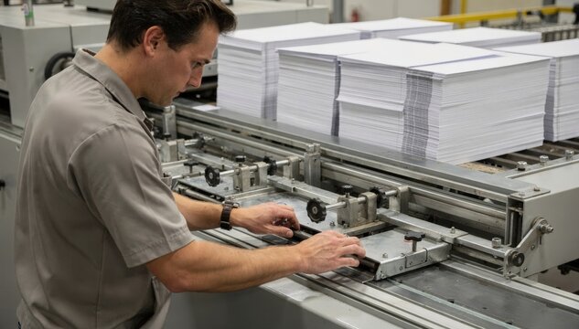 Technician carefully reconfiguring plates and guides for large catalog envelopes during a size changeover setup in an industrial mailroom.