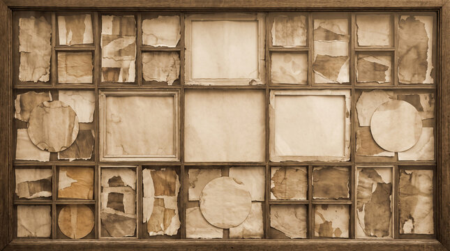 Vintage wooden shadow box frame filled with aged paper collage and circular parchment compositions