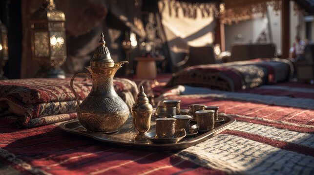 Traditional Gulf Arabic Coffee Set in Authentic Majlis, Dallah Pot, Serving Tray and Elegant Arabian Hospitality with Rich Cultural Heritage