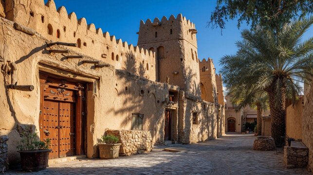 Authentic Gulf Heritage Fortress with Palm Trees, Traditional Arabian Mudbrick Architecture, Historic Desert Street and Cultural Travel Destination