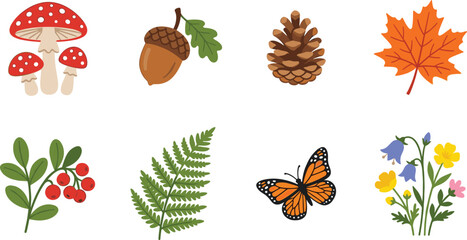 Fototapeta premium Autumn forest nature elements vector set with mushrooms acorn pinecone maple leaf butterfly and wildflowers