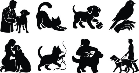 Fototapeta premium Collection of domestic pets and animal care silhouettes including veterinary checkup grooming and training icons