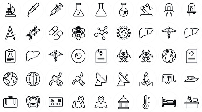 Science Technology and Medical Line Icon Set with Laboratory Equipment Medicine Astronomy Geography and Travel Symbols for Digital Interfaces