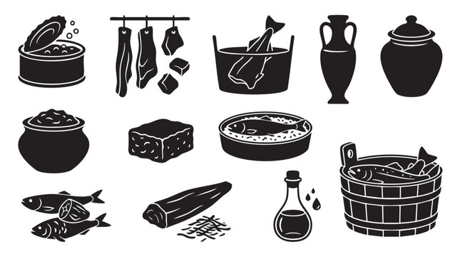 Traditional fish preservation icons in flat black style showing various methods of curing and storing seafood.