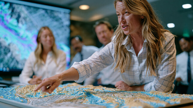 Flood resilience urban planner presents a smart city drainage infrastructure model to a municipal engineering team inside a city hall conference room as projected topographic flood modeling animatio