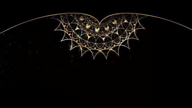Animation of Luxury mandala background with gold frame in arabesque pattern Arabic style. Motion Graphics Video Mandala Rotating, golden particles elegant black Background and copy space for you text