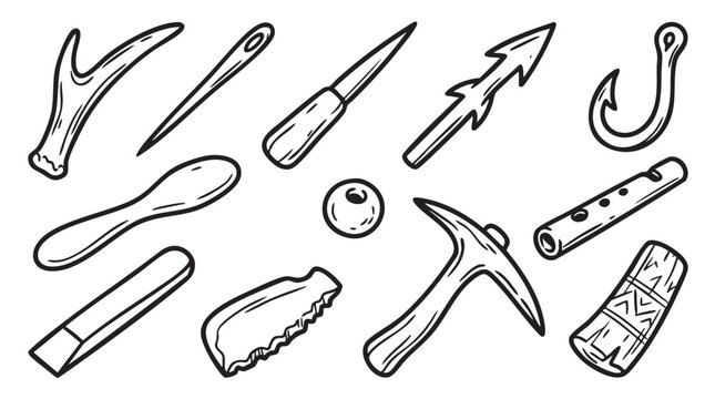 Selection of hand-drawn primitive tools and implements for survival and crafting.