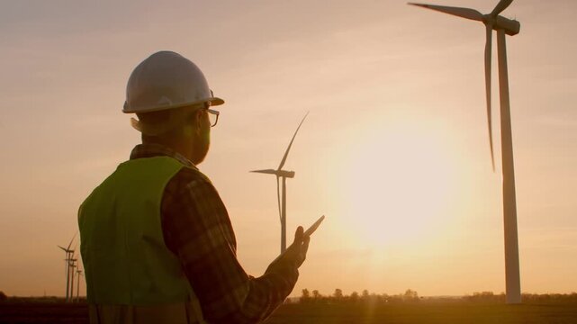 Outdoor scene of a serious male engineer in reflective jacket and helmet examining data on a tablet. He stands in a wind farm field, analyzing renewable energy project metrics and system performance.