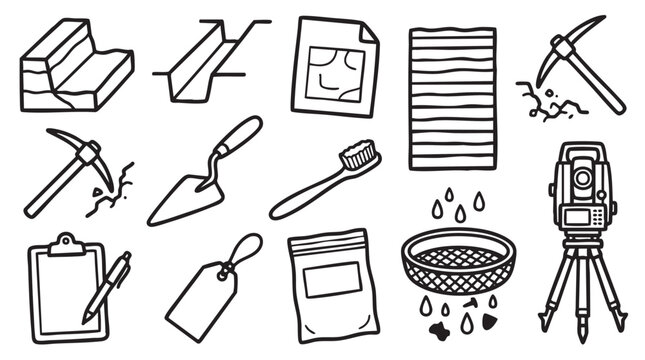 Archaeological excavation tools and field research equipment icons for science.
