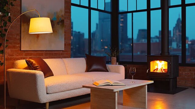 Cozy loft livingroom with an open book and a glass of wine on a table near a boucle sofa. A warm floor lamp and a crackling wood stove  illuminates the room with large windows overlooking the city