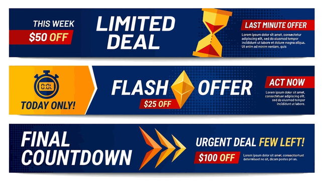 Vector graphics of colorful banners with limited deal offers and countdown timers