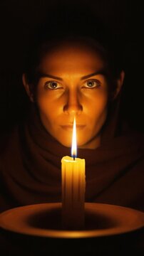 Striking portrait with a woman staring directly forward, her face illuminated by the soft, warm glow of a single candle. Intimate and mysterious dark atmosphere