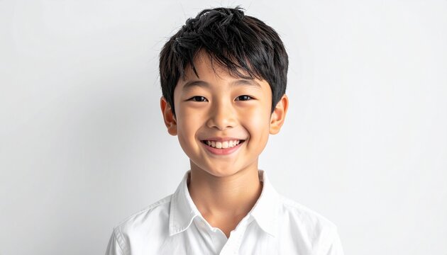純白の背景で無邪気に笑う日本人男の子のポートレート（キッズ・自然な笑顔）, Portrait of an innocent smiling Japanese boy on clean white background