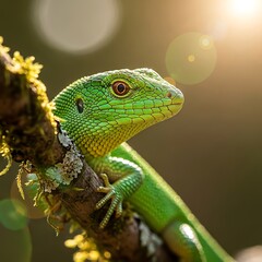 Fototapeta premium Captivating close-up of an emerald green lizard featuring detailed scales and alert eyes, resting on a textured mossy branch with lens flare.