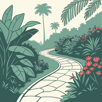 A winding stone path through a lush tropical garden with large green leaves and red flowers stone pathway lush greenery tropical plants garden design outdoor space garden walkway tropical folia