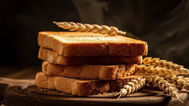 A stack of toasted bread with wheat stalks, evoking warmth and comfort.