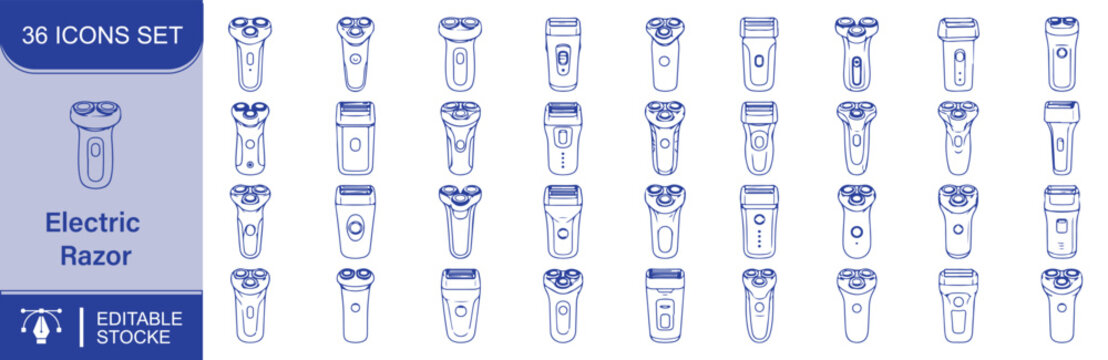 Electric Razor Vector Outline Icons Set &ndash; Shaver, Men&rsquo;s Grooming Device, Beard Trimmer and Personal Care Line Symbols Collection
