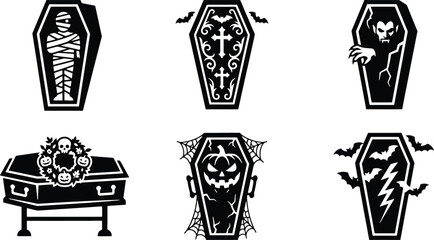 Fototapeta premium Halloween Coffin Silhouettes With Various Designs Black On White