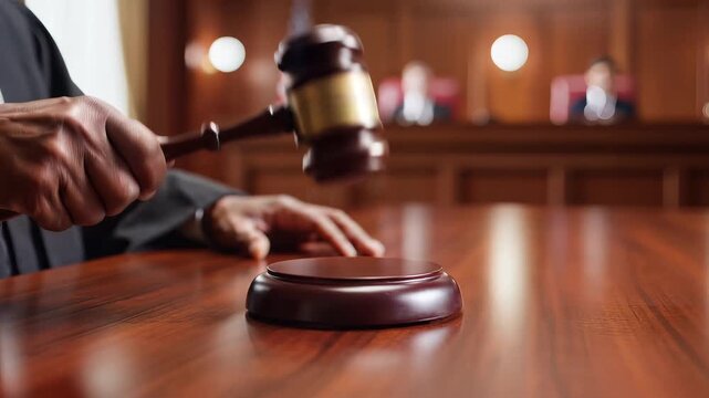 Close up of judge holding gavel over wooden sound block in a courtroom setting