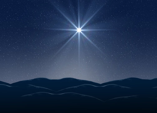 Birth of Christ, Christmas star of the Nativity of Bethlehem, Nativity of Jesus Christ. Background of the beautiful dark blue starry sky and bright star.