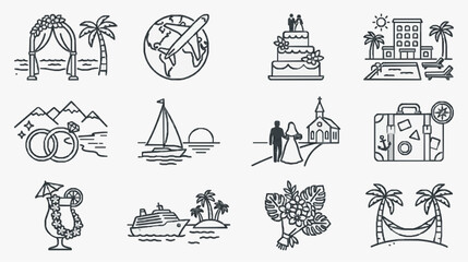 Industrial Style Black and White Line Art Icons Set Featuring Honeymoon Travel and Wedding Themes © Ferdy