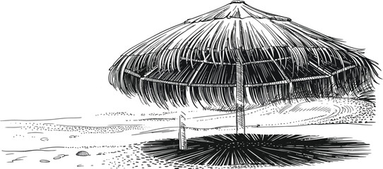 Vintage beach umbrella sketch, hand drawn tropical straw parasol on sand, retro tiki hut sunshade vector illustration for summer travel branding © yamin678