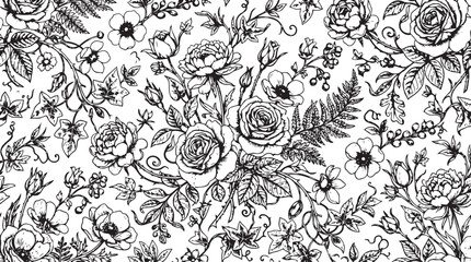 Vintage Floral Seamless Pattern with Roses and Foliage in Black and White © RODLA