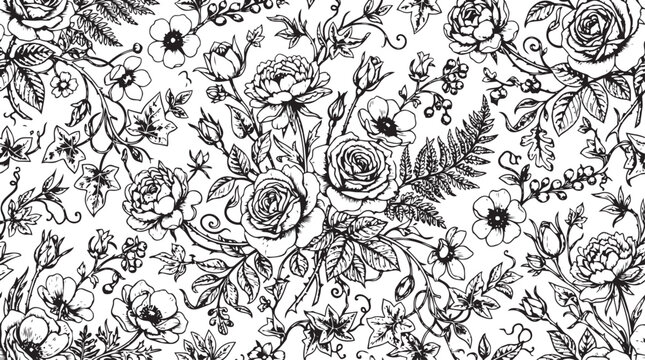 Vintage Floral Seamless Pattern with Roses and Foliage in Black and White
