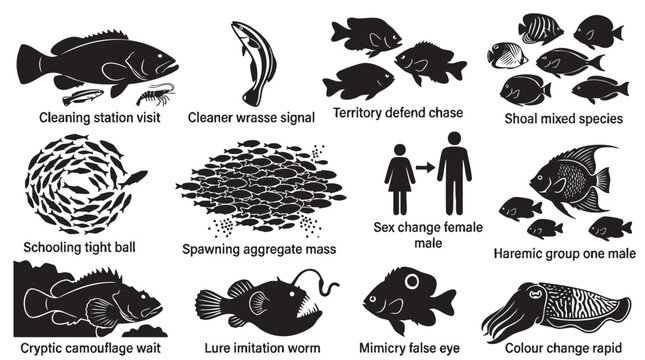 Marine fish behavior and survival strategies black silhouette icons on white background.