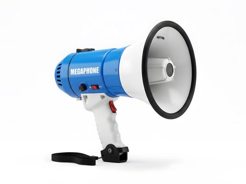 Blue and white handheld megaphone loudspeaker for public announcements