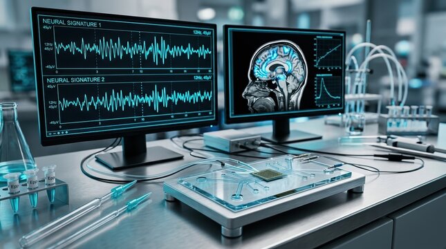 A neuroscience lab shows a nanosensor array on a microfluidic chip beside twin EEG waveform monitors, a brain MRI overlay, and pipettes.